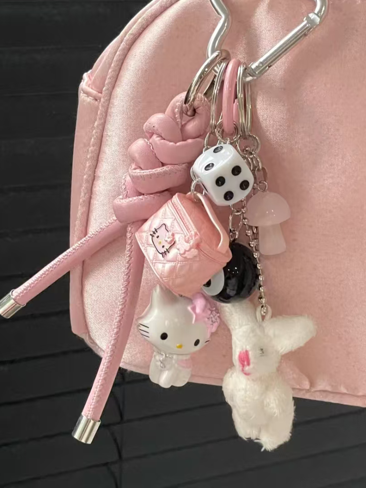 Y2K White/Pink Bunny Plush Kitty Keychain