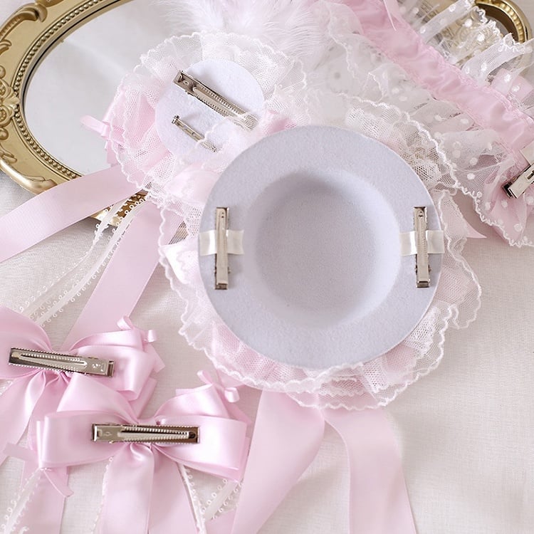 Bowknot Sweet Pink-Purple Feather Hairclip Camellia with Lace Ballet-Style