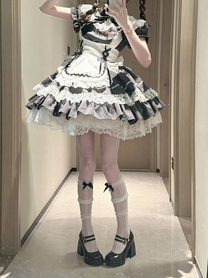 Gray Striped Lace OP Dress with Apron - Delusions Studio