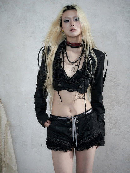 Black Faux Leather Shorts with Lace Trimmed Hems - NO ROMANCE