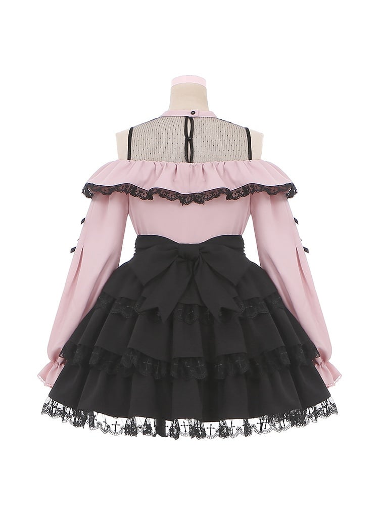 with Pink Bow Black Kei Open Blouse Shoulder Details Jirai Neckline Illusion