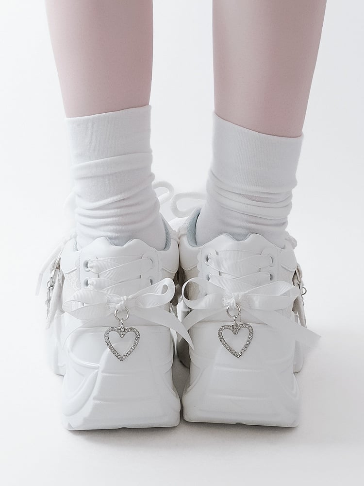 Lacing Crystal Kei Heart Back Jirai Shoes - Platform White