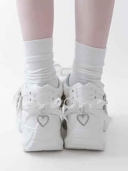 Lacing Crystal Kei Heart Back Jirai Shoes - Platform White