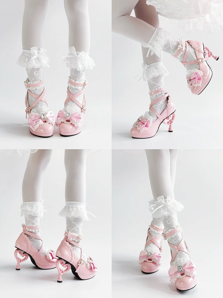 High Lolita Bow Lace Pink Heels Hime Trim Crystal Bead - with