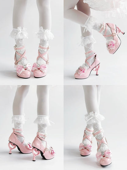 High Lolita Bow Lace Pink Heels Hime Trim Crystal Bead - with