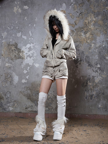 Leg Faux Fur Punk Knit Trim Brown Beige with Buttons Warmers