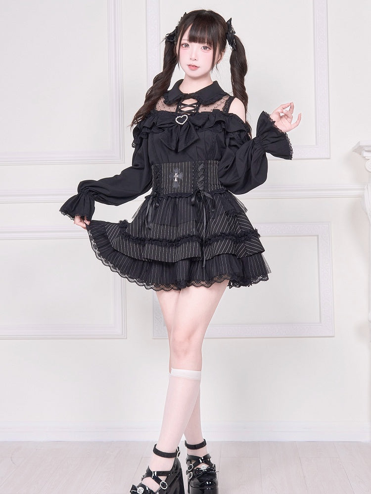 und Detail langes Top Illusion Ärmel Bluse Schulter Jirai mit schwarzem offenen Ausschnitt Kei