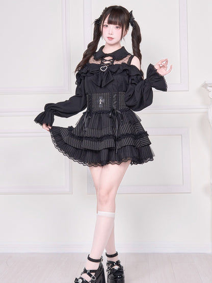 und Detail langes Top Illusion Ärmel Bluse Schulter Jirai mit schwarzem offenen Ausschnitt Kei