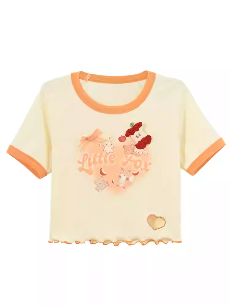 黄色の漫画動物プリントハートカットアウトショートバージョンTシャツ、アップルブローチ付き