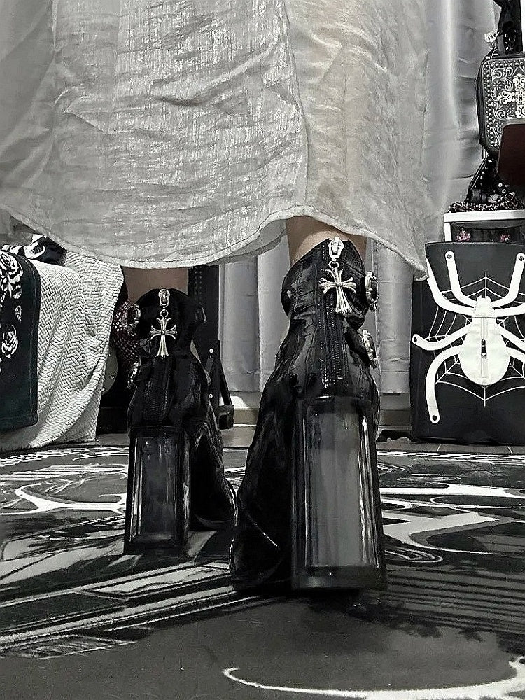 Polished Black Gothic Crocodile Buckle Straps High Block Heels