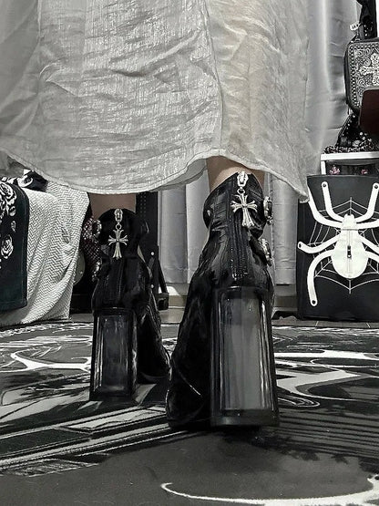 Polished Black Gothic Crocodile Buckle Straps High Block Heels