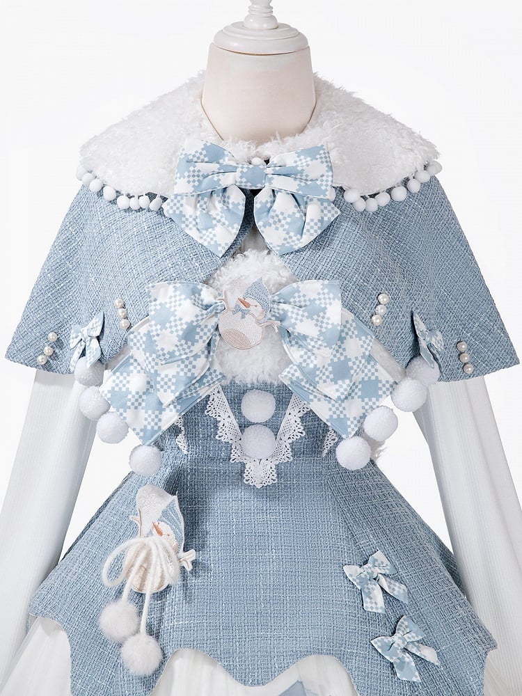 Blue White Plush Collar Bow Lolita Cape with Pearl Embellishment - Xiong Dou Jiang