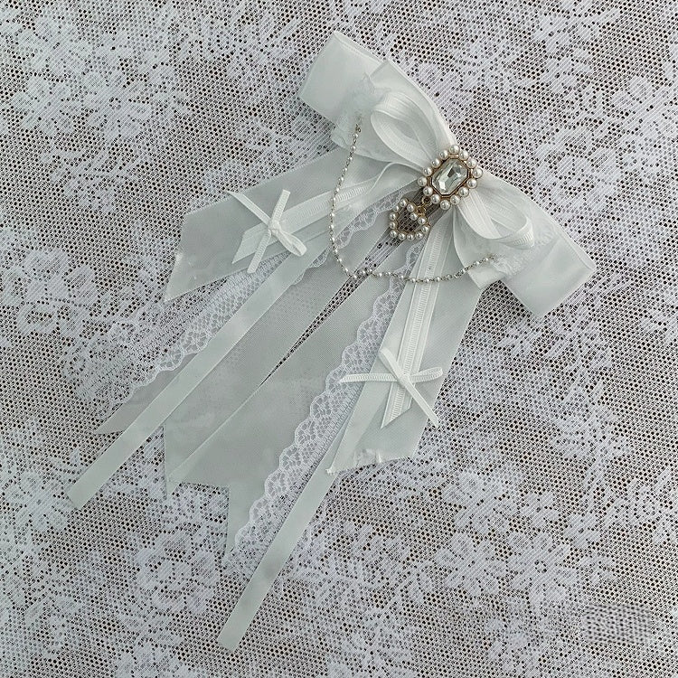 Ivory Crystal Bow Necktie with Beaded Chain Accent - Ekomi