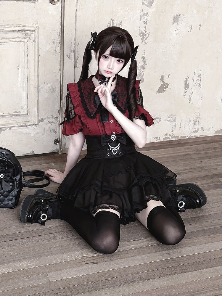 Jirai Kei Black & Red Lace Cutout Shoulder Short Sleeve Ruffle Blouse - Ekomi