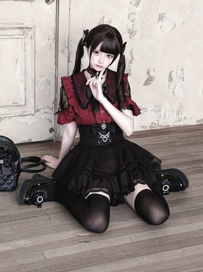 Jirai Kei Black & Red Lace Cutout Shoulder Short Sleeve Ruffle Blouse - Ekomi
