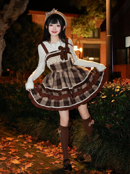 Pattern Autumnand Plaid Lolita Skirt Waist High Dress Brown Winter Jumper