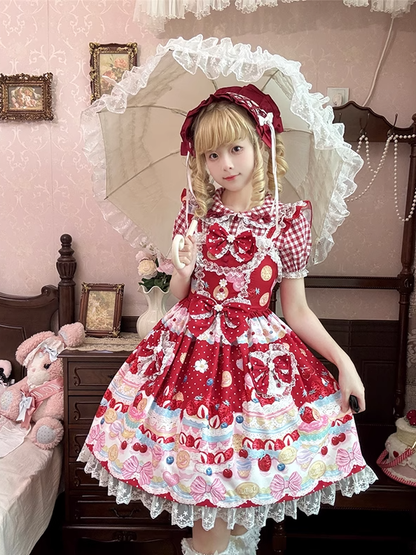 スイートなチェック柄ブラウス（レッド/ピンク）ピーターパンカラー レーストリム ロリータ