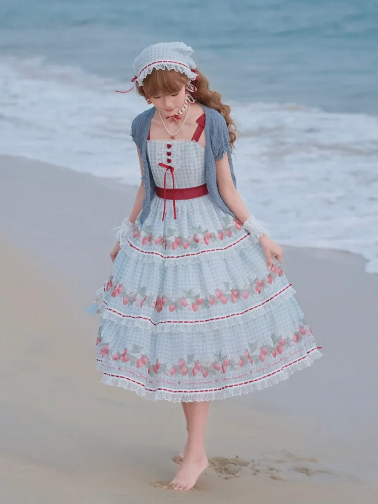 Strawberry Print Blue Lolita Gingham Dress Sweet Summer Lolita Jumper Skirt