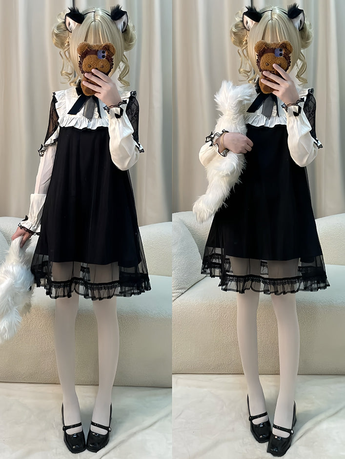 ジライケイ ブラック レースパッチ ショルダー メッシュオーバーレイ ロングスリーブ ドレス