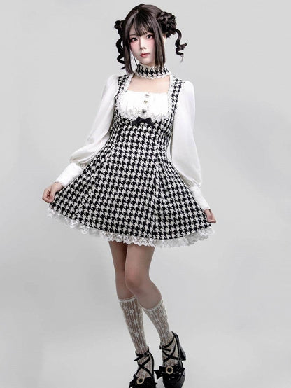 Kei Design Long One-Piece with White Details Black Dress Choker Houndstooth Jirai Lace Sleeve