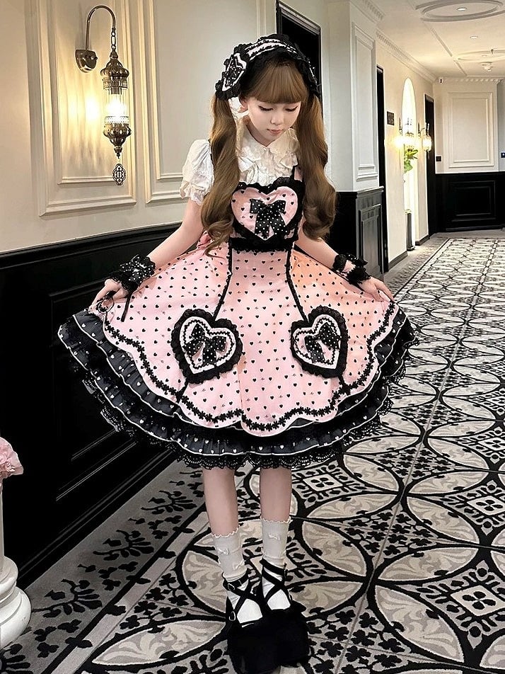 Sweet Lolita Pink Dress Heart Bows and Black Lace-Trimmed Motifs with