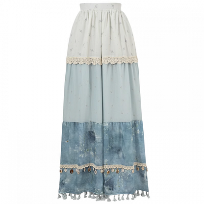 Blue Colorblock Design Tassel Hem Shell Charm Wide-Leg Holiday Pants