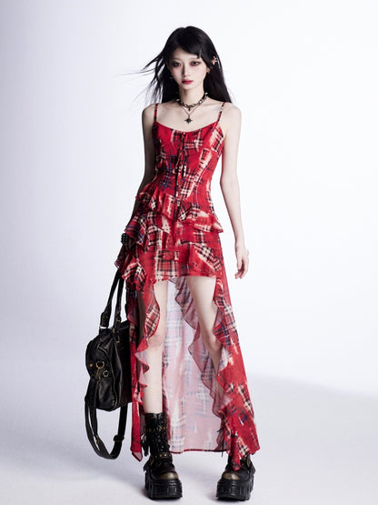 High-low Cami Dress Red Plaid Cascading Ruffle Trim Holiday Skirt