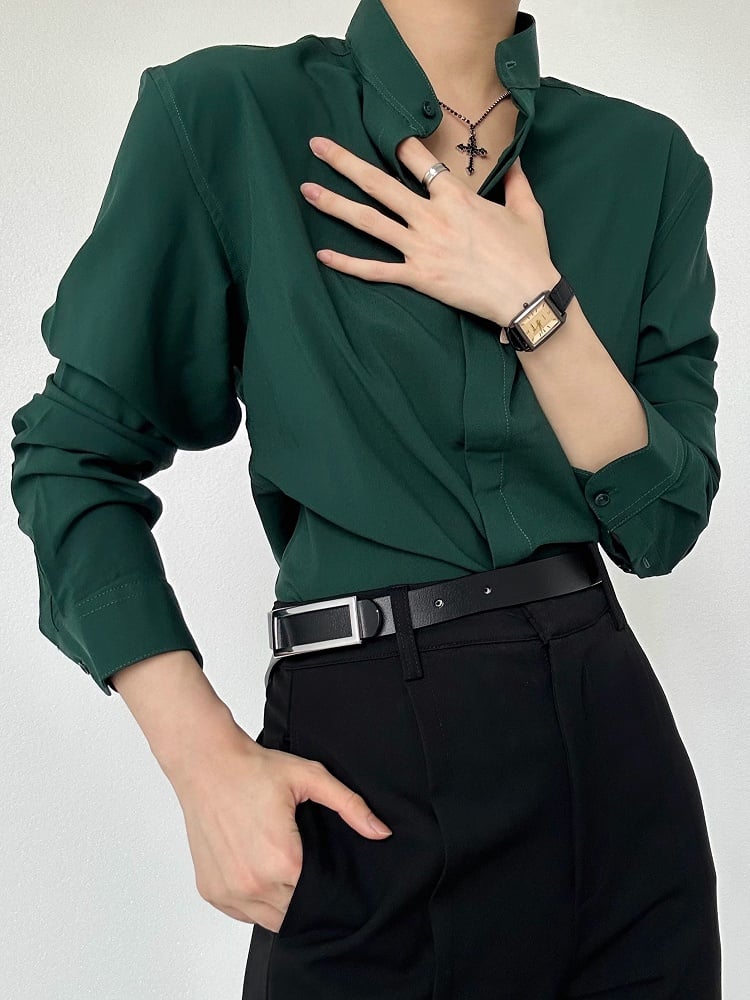 Ouji Lolita Green Unisex Long Sleeve Mandarin Collar Shirt with Button-Down Front