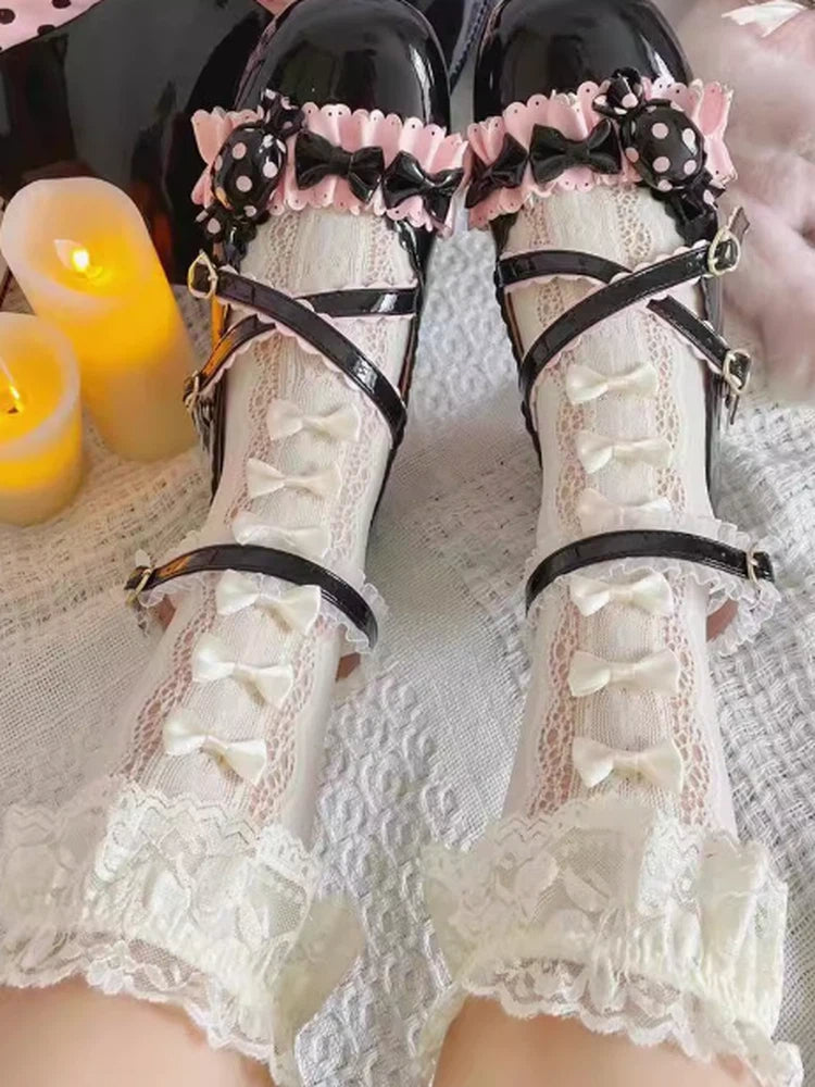 Lolita Detail Stockings (Color: White/Yellow) Bow Sweet Lace