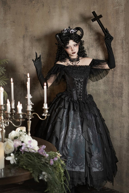 / Print Gothic with Lolita Trims Winged White Black Skirt Goat Cascading Ruffle
