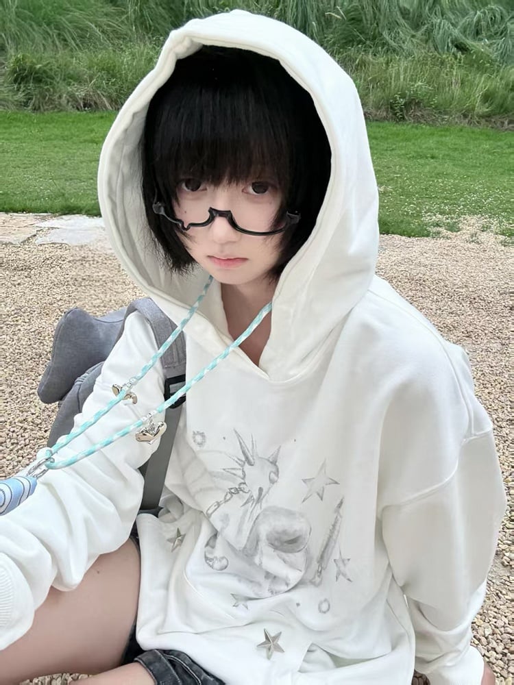 Dreamcore Pockets with White Punk Rabbit Print Studded Star Hoodie