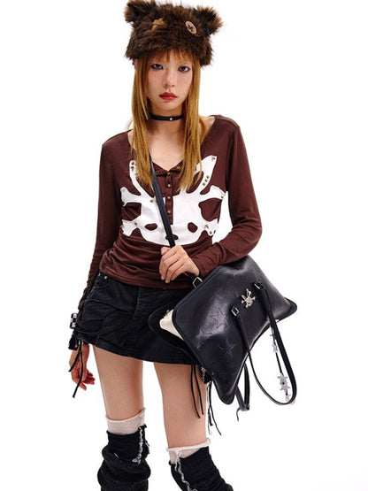 ベージュ/ブラック スターストラップ ピローシェイプ クロスボディ