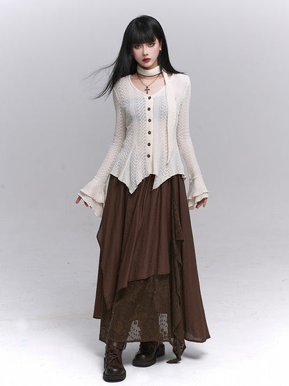 Irregular Cardigan Strap Knit Neck Gothic Apricot Button-Down Hem with