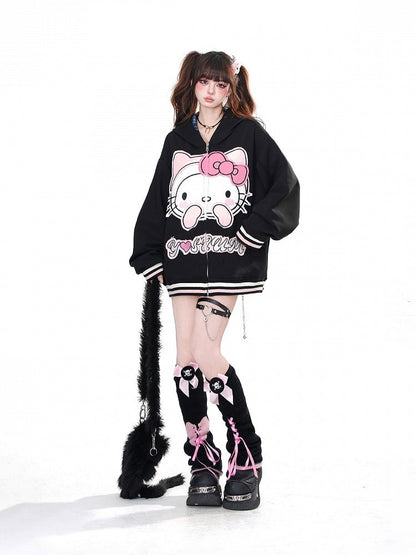 Apricot/Schwarz – Oversize-Kapuzenpullover mit Kätzchen-Stickerei und Reißverschluss