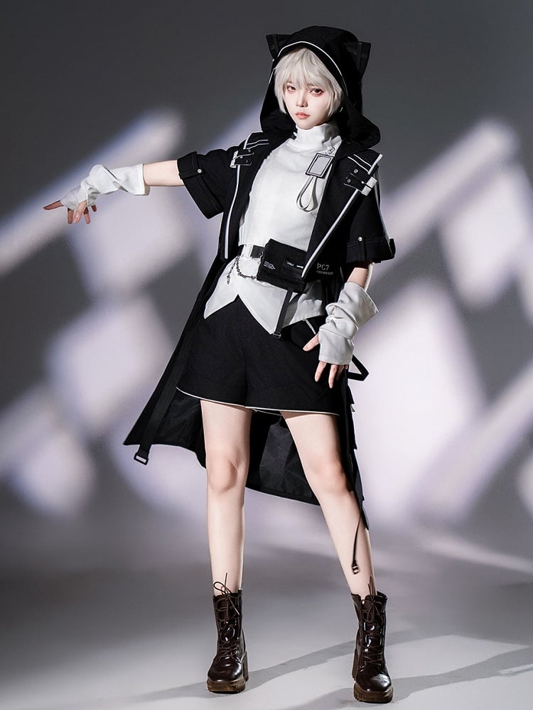 Futuristic Fashion Buckle Collar Techwear White Sleeves Short High Ouji Top