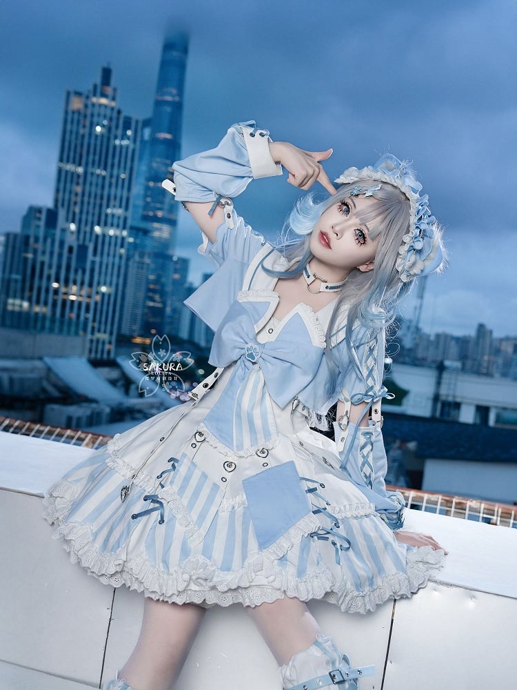 Kitty Light Bow Kaiwai Set Blaues JSK-Kleid Kurz geschnittenes Tenshi Lolita Sailor Striped Big Top Muster Ohren + - Kragen