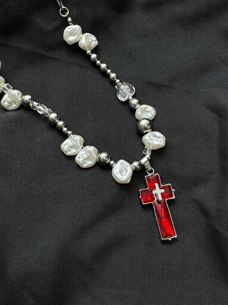 Y2K Red Cross Pendant with White Pearl Beads - YSHXS