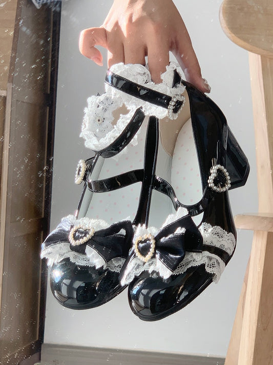 Decor Black Lolita with Heart Beaded Janes Mary Sweet Mid-heel Details Bow