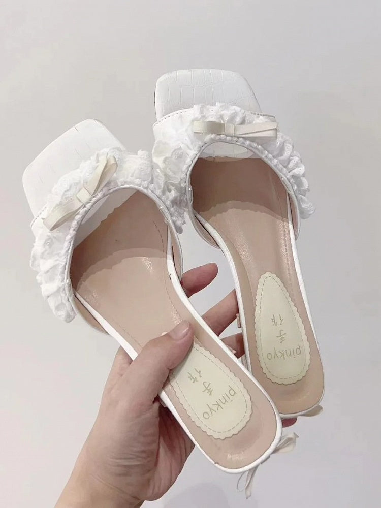 Accents White Bow Lolita Ruffle 3.5cm Elegant Trim with Low-heel Sandals