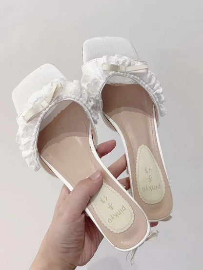 Accents White Bow Lolita Ruffle 3.5cm Elegant Trim with Low-heel Sandals