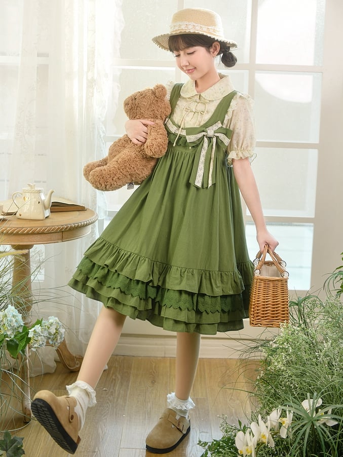 with Detachable Sweet Ruffle Green Overall Dress Hem Bowknot