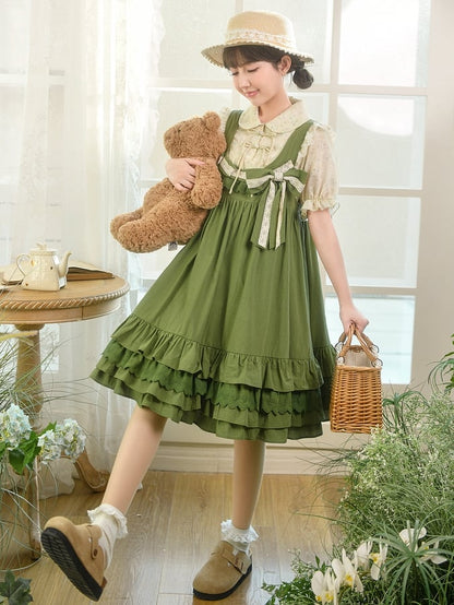 with Detachable Sweet Ruffle Green Overall Dress Hem Bowknot