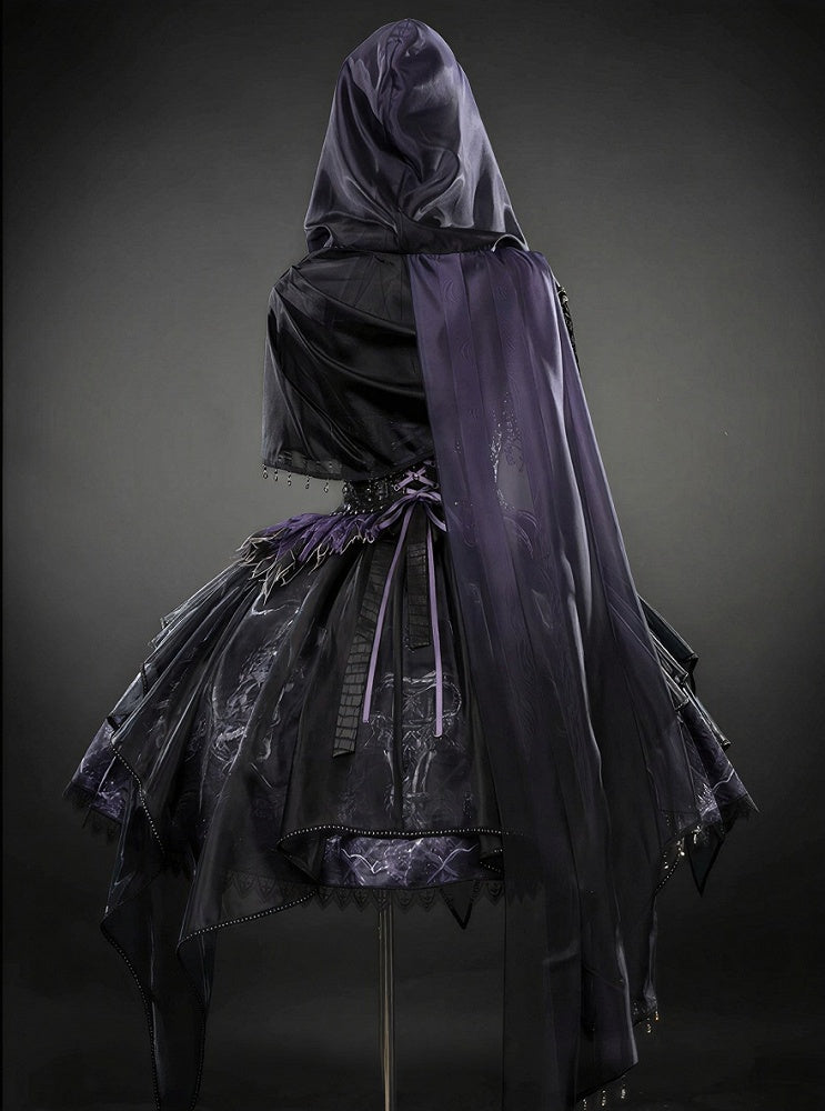Black & Purple Bone Dragon Embroidery Halter Neck Gothic Lolita Dress Set - Ying Luo Fu