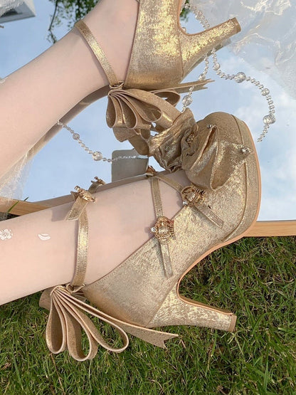 Gold Sparkling Satin Hanayome Lolita 8.5cm High Heels with Crown Buckle, Bowknot and Crystal Accents - Aimee