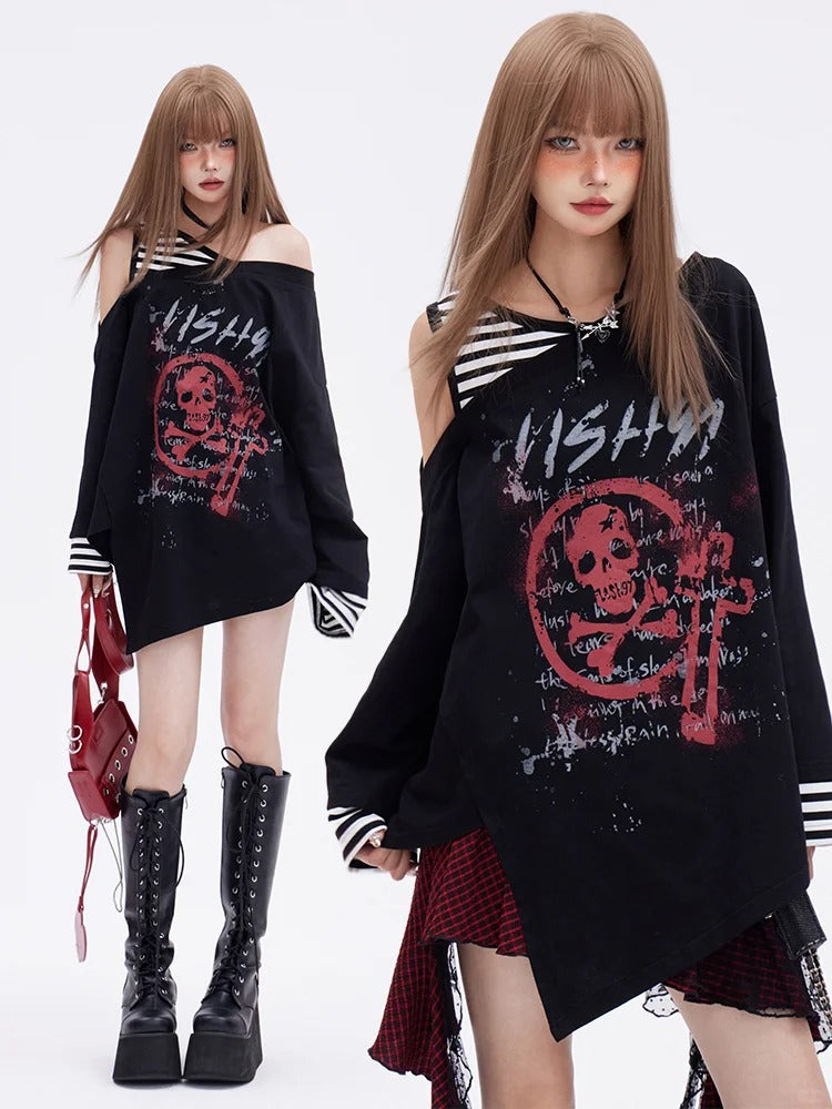 Print Skeleton Punk Top Faux Two-pieces Glamorous Black Asymmetrical Neckline and Hem - 11shop97