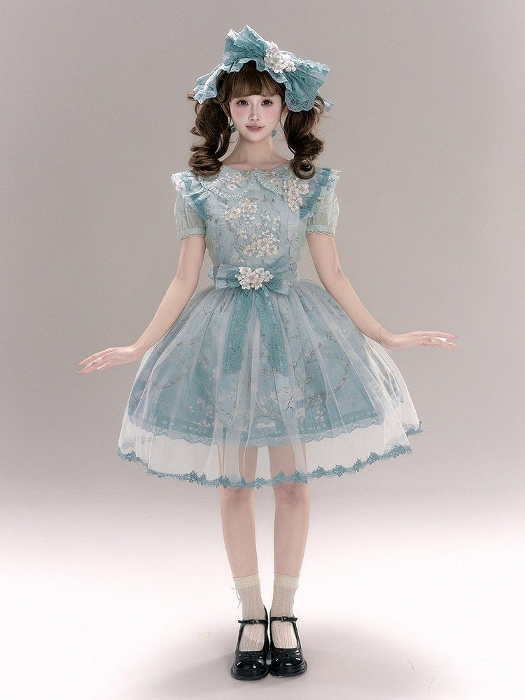 Green Flutter Sleeve Floral Embroidery Bow Lolita Overlay Dress with Lace - Yimu Walnut