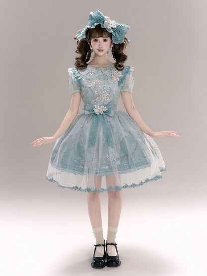 Green Flutter Sleeve Floral Embroidery Bow Lolita Overlay Dress with Lace - Yimu Walnut