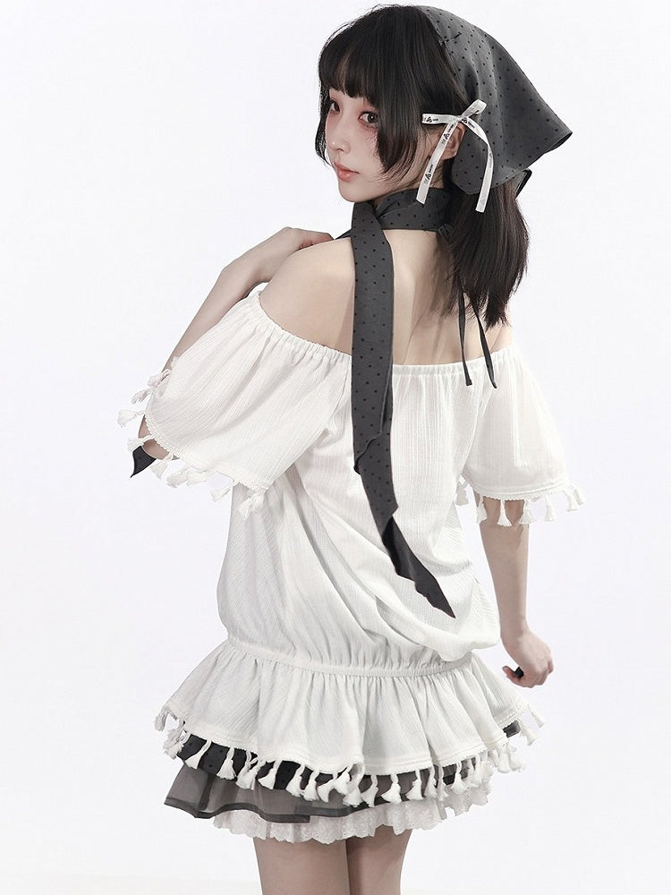 White Faux Two-Piece Flutter Sleeve Top with Tassels - PINK SAVIOR