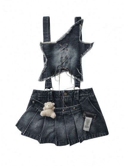 Blue Front Dusty Pleated Overall Shape Skirt with Punk Convertible Star Denim Distressed Dress