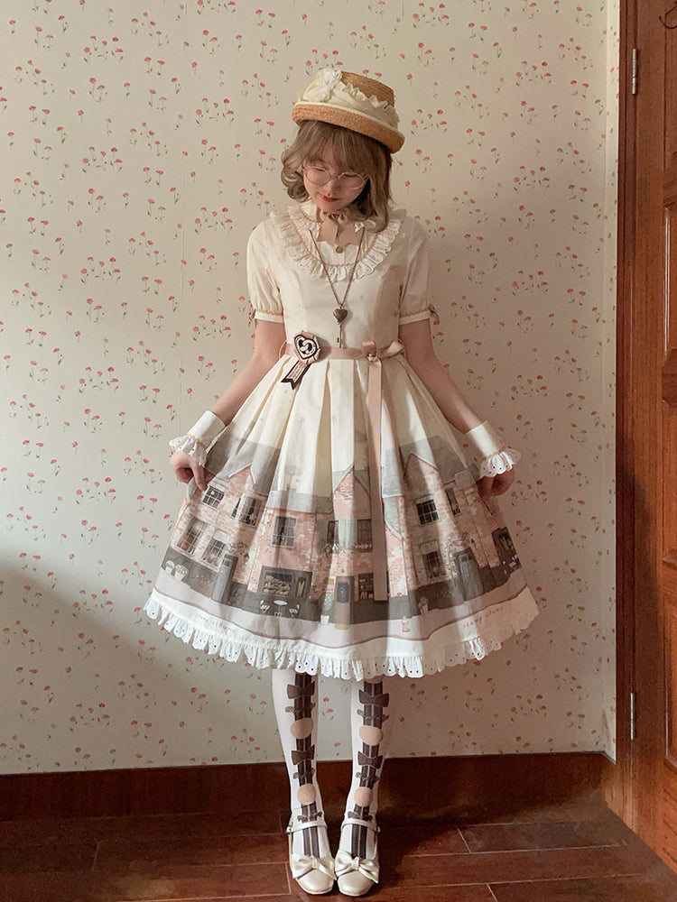 Lolita Dress Sleeves Print and Starry Beige Short Night Bakery